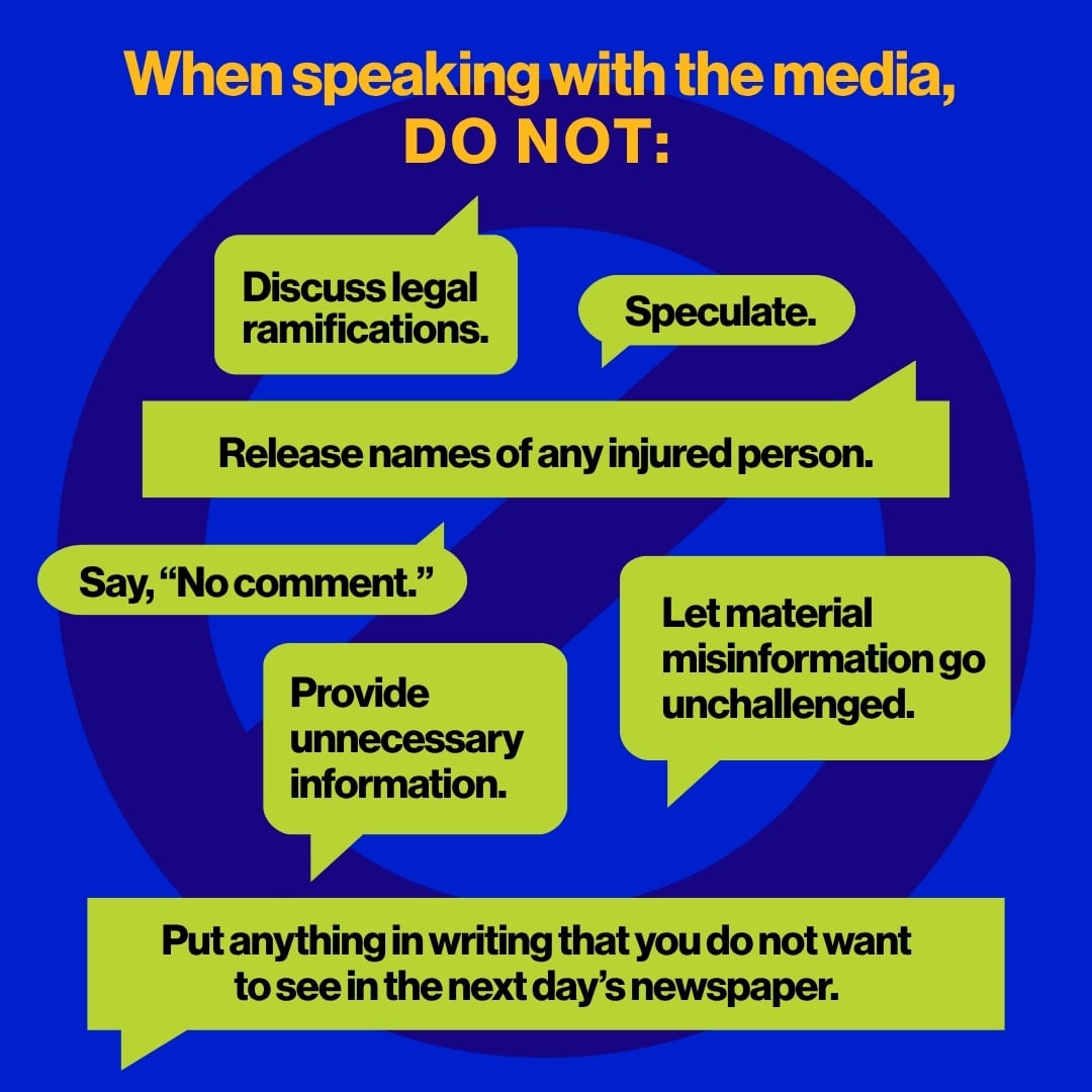 Graphic illustrating seven things to avoid when speaking with the media during a crisis, including speculation, discussing legal ramifications, sharing unnecessary information, and saying ‘no comment.